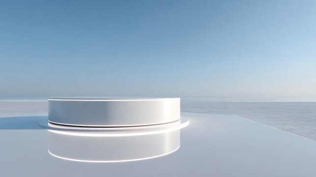 White product display podium with neon light on the floor with clear blue sky background for product placement