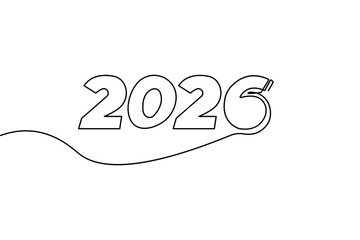 Happy new year 2026 continuous one line art drawing minimalist outline isolate vector illustration
