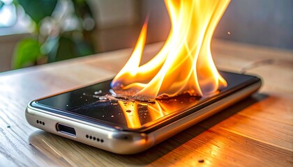 A mobile device is engulfed in flames, with bright yellow and orange fire licking up from the screen on a wooden surface