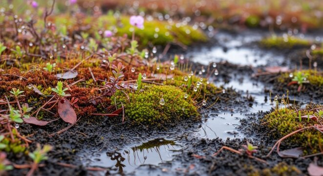 Wet bog landscape with moss, tiny flowers, and water droplets