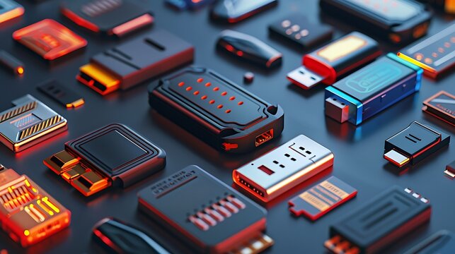 A scattered array of usb drives with futuristic designs on a dark reflective surface displayed neatly