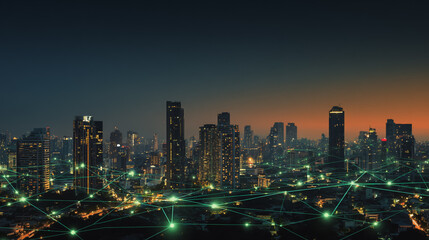 Obraz premium Twilight a city of modern business and smart digital innovation with a network of interconnected rewards over the cityscape of the future smart wireless digital city and social media network