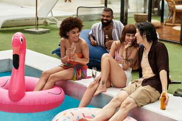 Young stylish friends enjoying joyful moments at a vibrant pool party under the sun