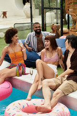 Stylish friends enjoy laughter and joy at a vibrant pool party celebration together