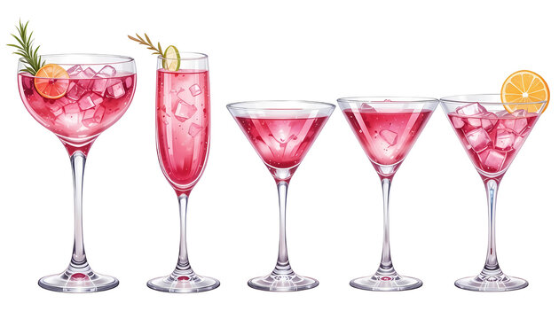 
Set of Five Elegant Pink Cocktails with Garnishes in Different Glasses, a Watercolor Illustration for a Bar Menu or Party Invitation, Isolated PNG on a Transparent Background.