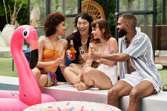 Joyful friends celebrate together at a lively pool party in a sunny backyard setting