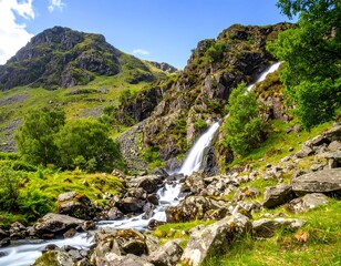Mountain waterfall cascading down rocky slopes (1)