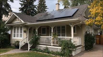 Charming bungalow style house with solar panels and green garden