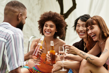 Friends enjoying a joyful pool party afternoon filled with laughter and stylish vibes