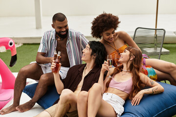 Young friends enjoy a vibrant and lively time together at a joyous pool party celebration
