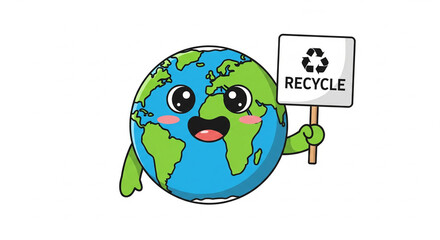 Obraz premium Happy Earth character holding a recycle sign, promoting environmental awareness and sustainability