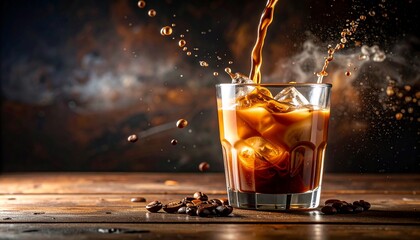 Coffee splash into iced glass moment. AI generated.