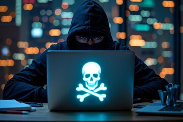 Infiltrating the Cyber Citadel: A hacker poised at a laptop displaying a sinister skull and crossbones symbol, symbolizing a ransomware attack and breach of cyber security.