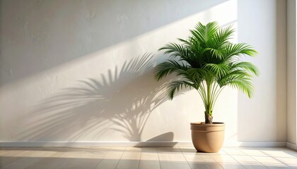 Obraz premium A sun-drenched room, featuring a vibrant palm tree in a light beige pot, casts soft shadows on a textured off-white wall.