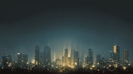 Twilight a city of modern business and smart digital innovation with a network of interconnected rewards over the cityscape of the future smart wireless digital city and social media network