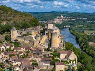Aerial view above the Beautiful village of Castelnaud-la-Chapelle on the Dordogne Riiver in France