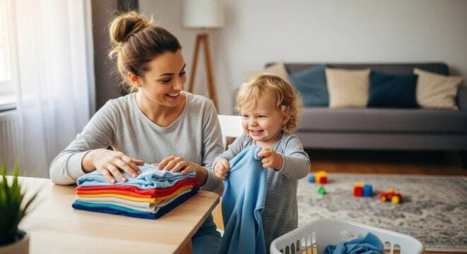 Mother folding laundry with young child playing in living room  