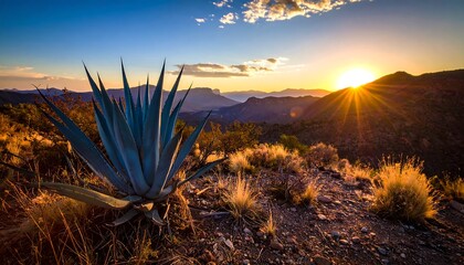 Agave plant at sunset in desert mountains