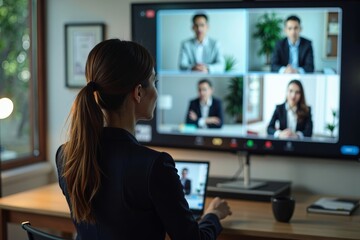 Dramatic Aerial View of Fashionable Businesswoman Leading Virtual Meeting With Confidence