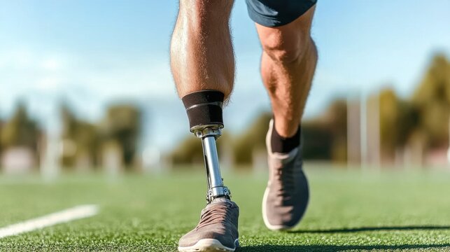 Athlete running on track with prosthetic leg closeup of feet in motion