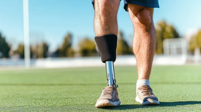 Sport runner with prosthetic limb training on outdoor field track