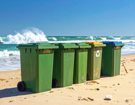 Colorful recycling bins line the sunny beach, reflecting coastal cleanup efforts.
