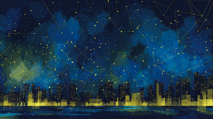 Twilight a city of modern business and smart digital innovation with a network of interconnected rewards over the cityscape of the future smart wireless digital city and social media network