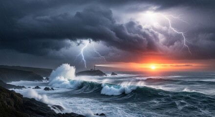 Fototapeta premium Dramatic ocean waves crashing during thunderstorm at sunset 