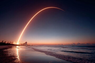 Twilight launch: a rocket's path illuminates the evening horizons. Visual identity. Twilight rocket launch: a dramatic plume and stars adorning the evening sky. Concept art. Commercial image.