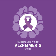 September is World Alzheimer's Month poster vector illustration. Purple awareness ribbon and human brain icon. Template for background, banner, card. Important day