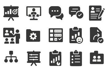 Business and analytics solid icon set. data, management, strategy icons solid collection