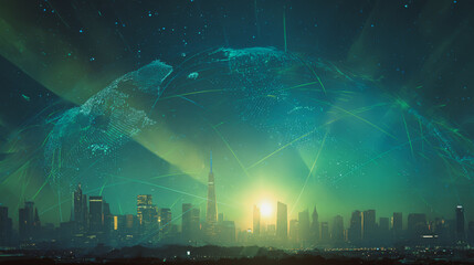 Twilight a city of modern business and smart digital innovation with a network of interconnected rewards over the cityscape of the future smart wireless digital city and social media network