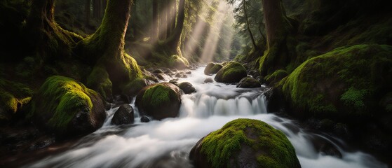 rushing water tumbling over rocks in a vibrant green mountain stream | landscape, nature, travel, outdoors, tranquility theme