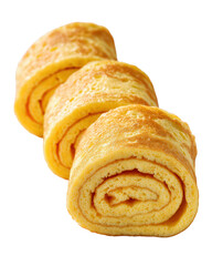 Three golden brown sweet egg rolls with a spiral pattern, isolated on a transparent background, showcasing a delicious homemade pastry perfect for breakfast or dessert