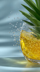 Fresh pineapple slice in water with splashing droplets, tropical fruit with green leaves, refreshing citrus drink with bubbles, juicy yellow fruit in motion