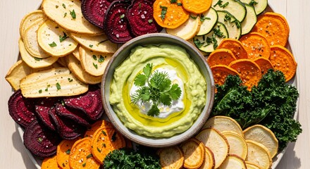Baked Vegetable Chips and Dip Made From Avocado and Greek Yogurt