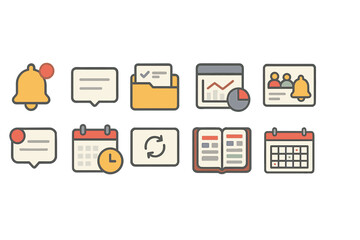 Communication and scheduling icon set, flat style. efficient messaging and planning tools