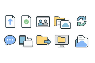 Fototapeta premium File sharing outline icon set. upload, download, cloud storage, sync line icons