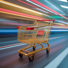 Golden shopping cart with colorful light streaks on a dark background.