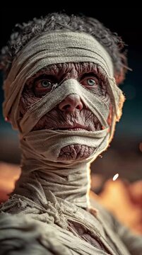 A spooky Halloween Mummy giving a creepy glare into the camera.