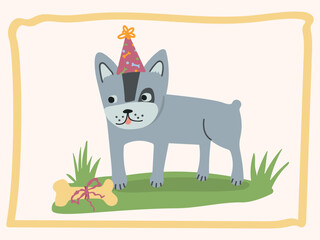 Gray dog in party hat with birthday bone and festive frame, cute vector illustration for greeting cards and celebration design