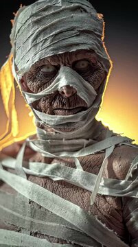 A spooky Halloween Mummy giving a creepy glare into the camera.