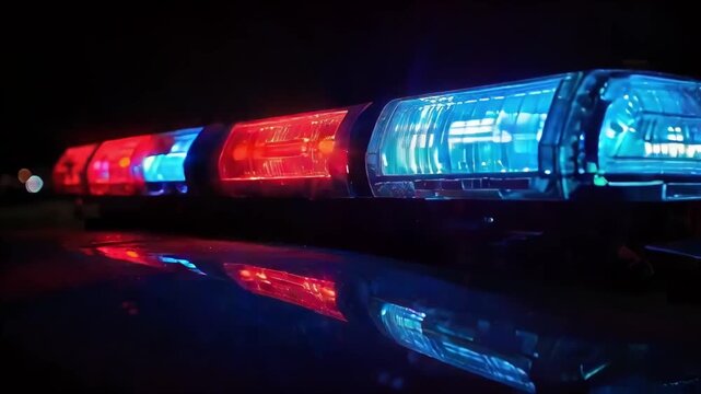 close up of red and blue Emergency responders bright flashing lights at night on police car