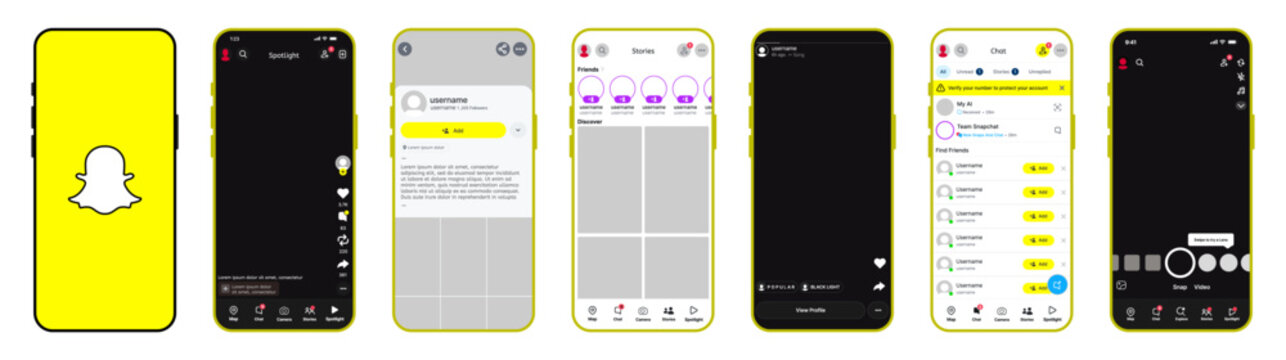 Snapchat mobile app interface with stories, chat, profile and spotlight features in light mode UI.