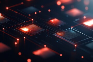 Abstract digital art featuring interconnected circuits and glowing elements in red and black, symbolizing technology and data networks.