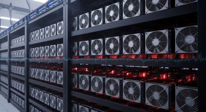 Cryptocurrency Mining Farm: Rows of Powerful ASIC Miners