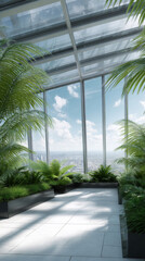 Modern glass conservatory interior with tropical palm trees, sunlit greenhouse architecture with steel frame, indoor garden atrium with natural daylight, contemporary botanical space with lush foliage