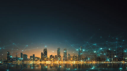Obraz premium Twilight a city of modern business and smart digital innovation with a network of interconnected rewards over the cityscape of the future smart wireless digital city and social media network