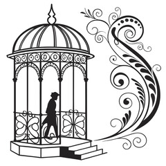 Black Silhouette of a Gazebo with a Person Walking Inside and a Decorative Flourish pavilion structure