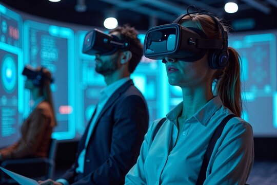 Virtual Reality Users Manipulating Spreadsheet Data in a Cutting-Edge Digital Environment - Powered by Adobe